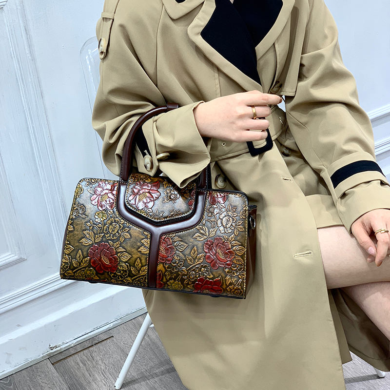 Luxury Bags Vegan - Vintage Floral Embossed Boston Bag Women