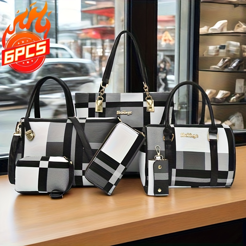 Wristlet Wallet Zipper - Fashion Plaid 6Pcs Ladies Handbag Set